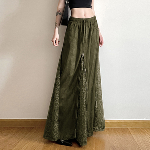 Vintage Forest <b>Green</b> Lace Patchwork A Line <b>Long</b> <b>Skirt</b> Women Retro Boho Small Brand Zip Design Flowing <b>Skirt</b> - Product Image 1