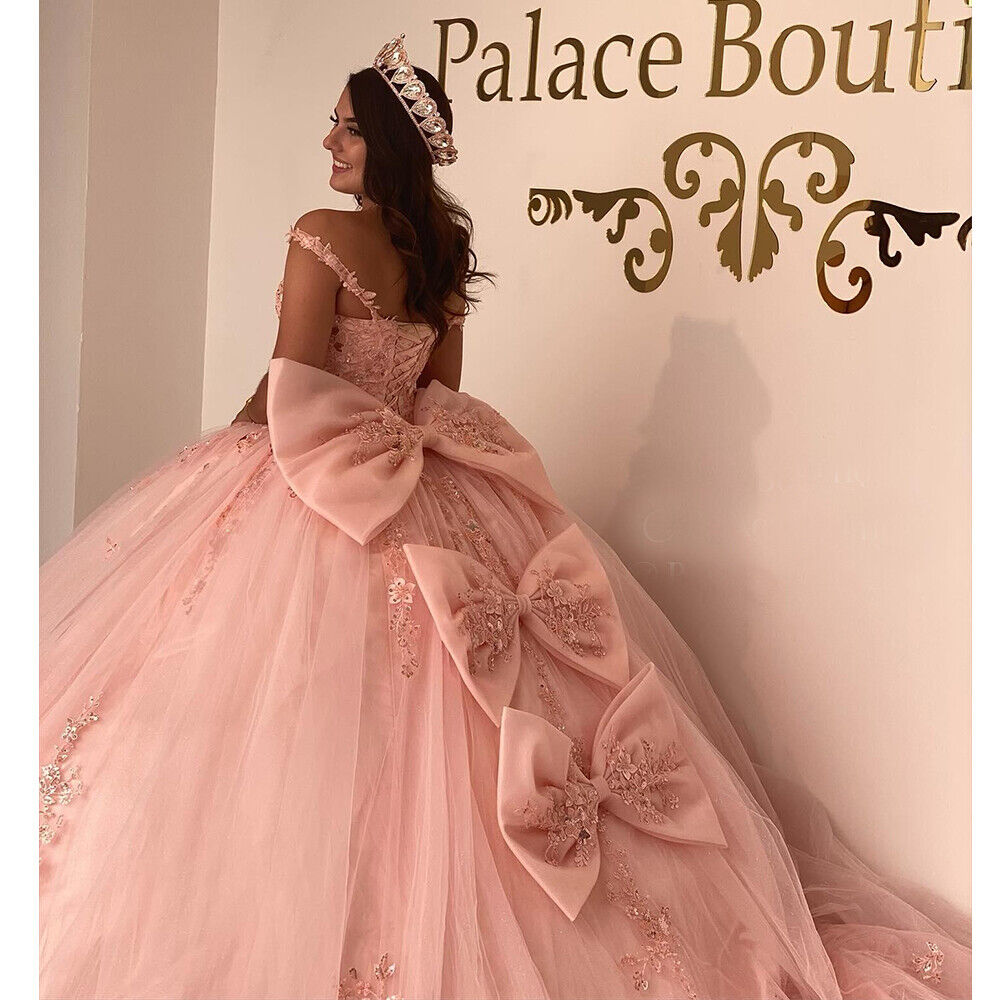 pink quince dress with bow in the back Corset Long Quinceanera Ball Gown with Back Bow Royal Blue / 3XLarge