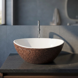 Lavabo de table de forme ronde grise lavabo décoratif en marbre texturé lavabo hôtel salle de bain comptoir évier en porcelaine - Product Image 6