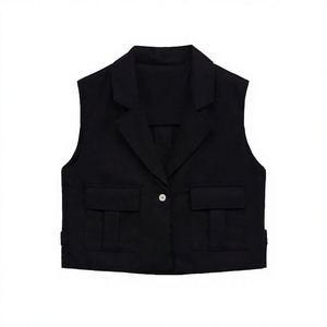 Chaleco Informal Transpirable de un Solo Botón con Cuello Corto Entallado y Tejido Negro para Mujer - Product Image 4