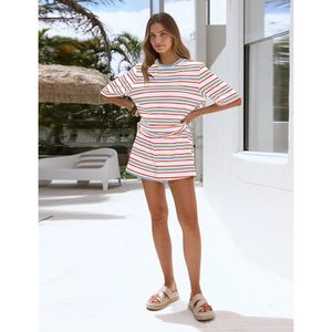 Striped 2 Piece Lounge <b>Set</b> For Women Summer Matching Short Sleeve T Shirt Elastic Waist Shorts Loose <b>Pajamas</b> <b>Set</b> - Product Image 3