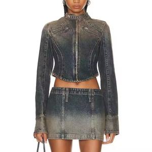 Ensemble de jeans en denim pour femmes de haute qualité, comprenant une veste courte sexy à fermeture éclair et une jupe trapèze en denim délavé à l'acide, style costume pour femmes - Product Image 1