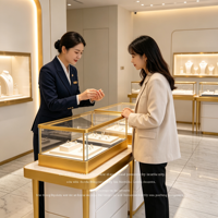 Comptoir de présentation de bijoux compact et combiné, vitrine en verre à cadre fin doré avec base de rangement à tiroirs blancs et plateforme ronde en marbre