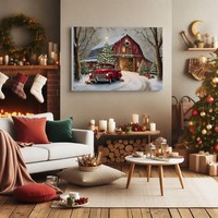 Impression sur toile encadrée sur toile, motif camion vintage rouge, grange enneigée, arbre de Noël, décoration murale de ferme pour maison de vacances, idéal pour galerie et cadeau de Noël