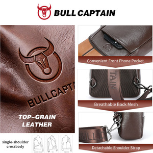 BULL CAPTAIN Bolso de Pecho de Cuero Genuino para Hombre, Bolso Bandolera Vintage de Cuero Genuino, Mochila de Pecho para Viajes al Aire Libre, Logotipo Personalizado - Product Image 3