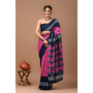 Sari de Algodón Mulmul Estampado con Blusa a Juego, Sari de Algodón Mulmul Ligero y Elegante - Cómodo para Uso Diario - Product Image 2