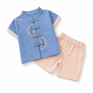Completo Sportivo Estivo per Ragazzi, Abbigliamento Estivo Alla Moda per Bambini, Set Due Pezzi con Maniche Corte in Denim Patchwork - Product Image 2