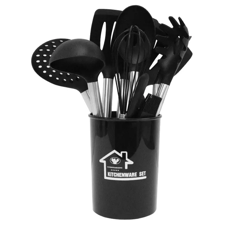 Manico in tubo di acciaio inossidabile in Silicone da cucina set di 15 pezzi in Silicone spatola cucchiaio cucina utensili da cucina Set secchio di stoccaggio con