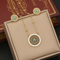 Ensemble de Bijoux Vintage Plaqué Or 18 Carats : Clous d'Oreilles Arbre de Vie et Collier Pendentif Main de Fatma en Acier Inoxydable Turquoise