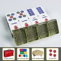 Élégant ensemble de Mahjong en acrylique doré à paillettes foncées, tuiles polies gravées au laser, blocs solides durables pour jeux de table en intérieur