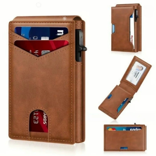 Slim Premium Leather Bifold Magnetic Wallet Mens RFID Blocking Pop up Credit Card Holder with Front Pocket Business Gift