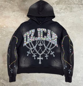 Graphic Hoodie with Screen Print Heavyweight French Terry Acid Wash Hoodie Custom Streetwear Oversized Rhinestone Hoodie Men - Product Image 1