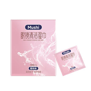 Lingettes nettoyantes pour lunettes Mushi, 100 pièces, emballées individuellement, saveur pêche, formule douce pour l'entretien des lentilles - Product Image 1