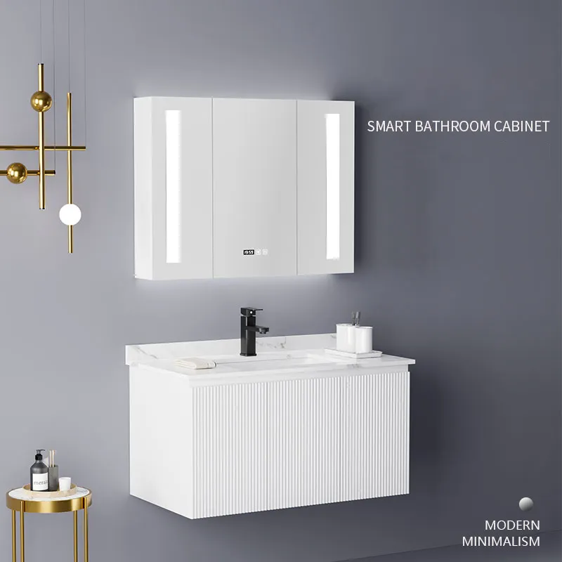 Nueva tendencia de diseño OEM blanco impermeable gabinete de baño montado en la pared tocador de baño con luz LED gabinete de espejo