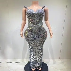 Longue robe de soirée de luxe en maille, Sexy, paillettes scintillantes, miroir, pour fête d'anniversaire