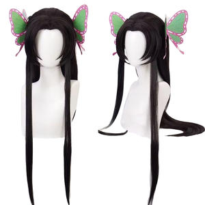 Venta al por mayor <span class=keywords><strong>Kochou</strong></span> Kanae peluca <span class=keywords><strong>Cosplay</strong></span> 80cmLong negro recto Demon Slayer Anime sintético Halloween resistente al calor Peluca de pelo - Product Image 1
