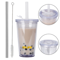 Mug à café ODM sans BPA de 450 ml, avec logo personnalisé, double paroi, en plastique transparent réutilisable, avec paille et couvercle, pour boissons chaudes ou froides (thé, jus, eau)