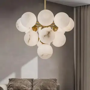 Lámpara colgante de comedor de alabastro de lujo de cobre completo español, lámpara colgante de bola de mármol minimalista moderna para habitación de restaurante