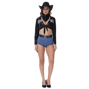 Carnaval Halloween Lady Black Leather <span class=keywords><strong>Sexy</strong></span> West Cowboy Costume Pioneer Cowgirl Tassels Clubwear Roleplay Cosplay Shorts y Tops - Product Image 1