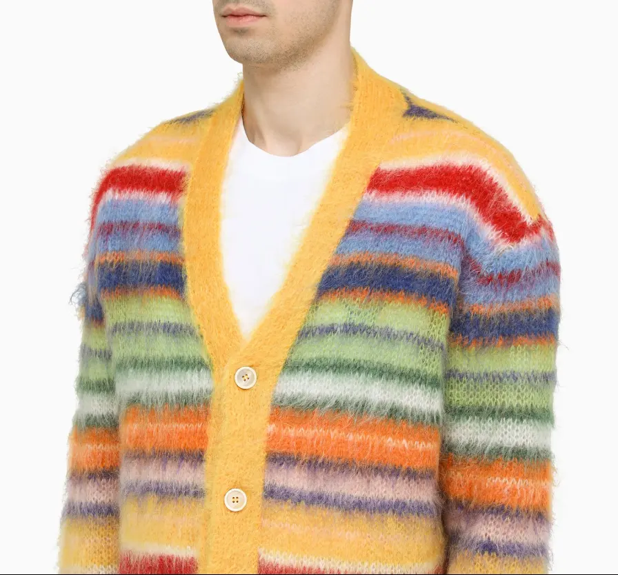 OEM/ODM Winter High Quality Custom LOGO Fuzzy Color Striped Mohair Knit V Neck Wool Cardigan Men's Sweater