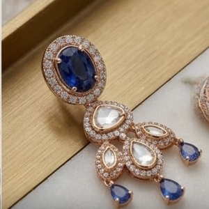 Luxury Blue Stone Layered <b>Necklace</b> Rose Gold Bridal Jewelry with Earrings for Wedding Party Wear Jewelry Luxury Style - Product Image 3