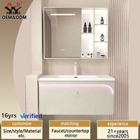 Ensemble de meuble-lavabo flottant blanc crème personnalisé avec miroir intelligent à LED, armoire et vasque intégrée en céramique, un seul tiroir