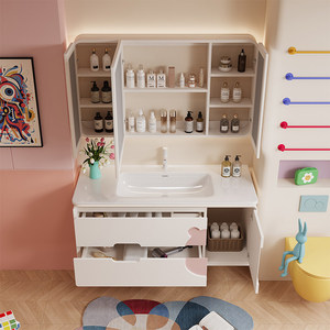 New gentle healing cream style integrated ceramic basin intelligent bear mirror oak baked <b>paint</b> bathroom cabinet - Product Image 3