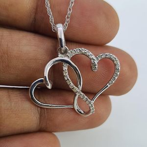 Jewelspaark Double Heart Pendant Necklace 0.19 Cttw Diamond Rhodium Plated 925 Sterling Silver Trendy Women's Engagement Jewelry - Product Image 4