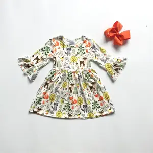 Herfst/Winter Baby Meisjes Kinderkleding Katoen Vos Bloemen Herten Dieren Ruches Jurk Boutique Knielengte Lange Mouwen Wedstrijd boog