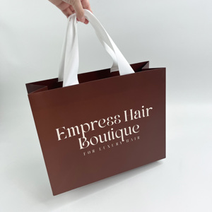 Sacs shopping en papier kraft personnalisés - Sacs cadeaux en papier avec poignée élastique blanche et logo imprimé blanc - Product Image 1