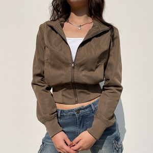 Veste utilitaire rétro marron pour femmes, style moto, fermeture éclair, col montant, coupe-vent, bomber décontracté, vêtements d'extérieur - Product Image 3
