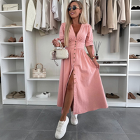 Damen V-Ausschnitt Midikleid mit hoher Taille, Knopfleiste vorne, Denim A-Linien-Rock mit Schlitz, lässig für den Alltag, Kaffeefarben, figurschmeichelnd, bequem