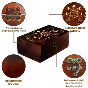 Caja de Madera para Guardar Recuerdos, Caja de Tarot Rectangular de Pino con Patrón Tallado de Fases Lunares y Solares para Guardar Joyas de Aniversario - Product Image 3