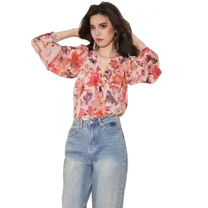 Custom Fashion High Quality Summer Ladies Floral Print V Neck Puff Sleeve Blouse