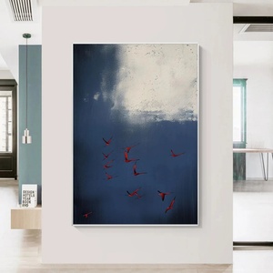 Peinture murale abstraite contemporaine texturée sur toile, art surréaliste, ciel bleu foncé avec oiseaux rouges pour la maison et la galerie - Product Image 1