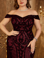 Robe de soirée sirène maxi élégante brodée, dos nu et épaules dénudées, pour femmes grandes tailles