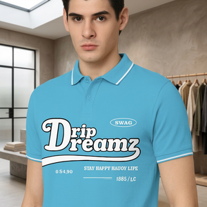 Chemise décontractée Drip Dream pour homme, bleu clair, manches courtes, avec bordure contrastante et motif lettres imprimées, coupe classique, en polyester/coton - Product Image 3