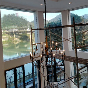 Lustre LED rustique en <span class=keywords><strong>bois</strong></span> vieilli et fer forgé, style campagnard français, avec pampilles en forme de bougies, angle de faisceau 360°, pour salon - Product Image 6