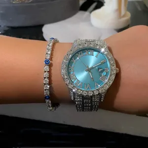 Hip Hop Luxury Diamond Female 18K White Gold Plated Iced Out Blinged Blue Watch and Evil Eye Bracelet Gift Set for Women Jewelry
