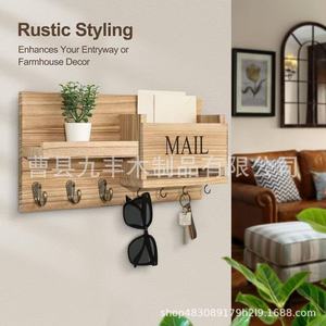 Solid Wood Wall Mounted Storage Rack With <b>Mail</b> <b>Box</b> And Hooks For Living Room Key Organizer - Product Image 2
