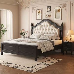 Cama tapizada de madera maciza estilo retro americano de 1.8 m, doble, con caja de almacenamiento, para uso doméstico o en bodas. - Product Image 4