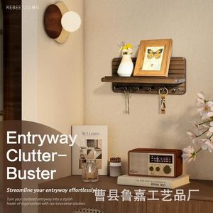 Wooden <b>Wall</b> <b>Mounted</b> Key Rack Solid Wood Entryway Storage <b>Shelf</b> Multifunctional Coat Rack Retro Color Rectangle Shape - Product Image 1