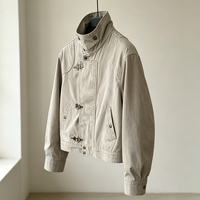 Blouson de pompier en toile délavée pour homme, col montant, fermeture éclair, poches obliques à boutons-pression, style vintage, long, imperméable et respirant pour le travail