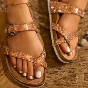 Cork Slippers & summer women glitter beach sandals flat bottom flip flops