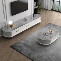 Ensemble de meuble TV et table basse en bois de luxe avec finition marbre, pour salon, avec rangement, design simple et abordable