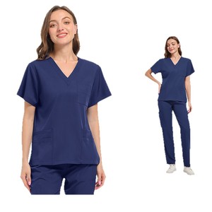 Unisex Scrub Set V-Neck Short Sleeve Moisture Wicking Knitted Hospital Uniforms Split Set For Medical Staff - Product Image 5