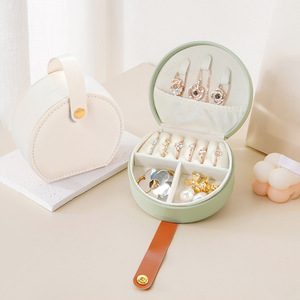 Mini Portable Jewelry Box Round Leather Necklace Ring Earring Storage Organizer Pink Green Travel Case With Handle - Product Image 3