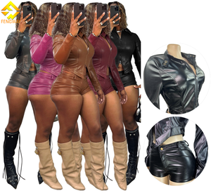 महिलाओं की y2k Punk शैली 2-टुकड़ा सेट जिपर-अप पु चमड़े की फसल जैकेट और सेक्सी शॉर्ट्स - Product Image 1