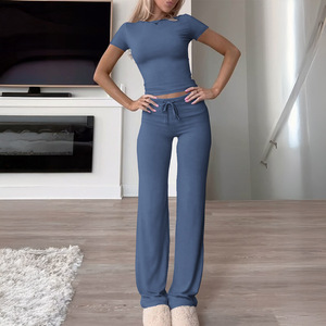 King Mcgreen Star printemps nouvelle mode banlieue dame ensemble décontracté couleur unie col rond manches courtes mince corps vêtements <span class=keywords><strong>pantalon</strong></span> ensemble - Product Image 5