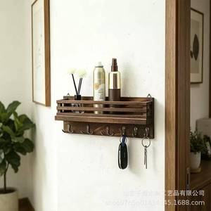 Wooden Wall Mounted Key And Mail Rack With <b>Hooks</b> For Living Room Storage Organizer Rectangle Shape 2 Layer <b>Shelf</b> - Product Image 1